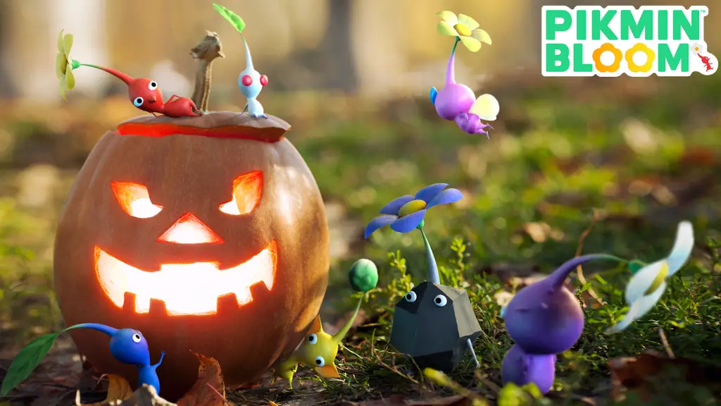 Un gruppo di Pikmin di vario tipo si scatena davanti a una Jack-O'-Lantern dall'aspetto piuttosto amichevole.