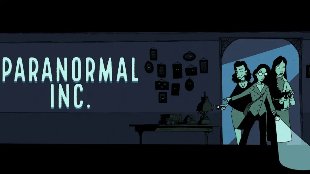 Il testo recita Paranormal Inc. Accanto ad esso, un'illustrazione di un gruppo di tre donne con una torcia in un corridoio inquietante.