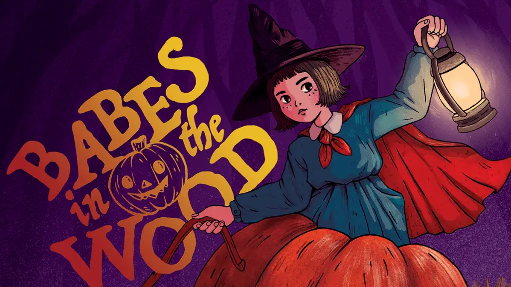 Il testo in un carattere carino recita Babes in the Wood. Un'adorabile giovane strega tiene in mano una lanterna e si siede in una zucca.
