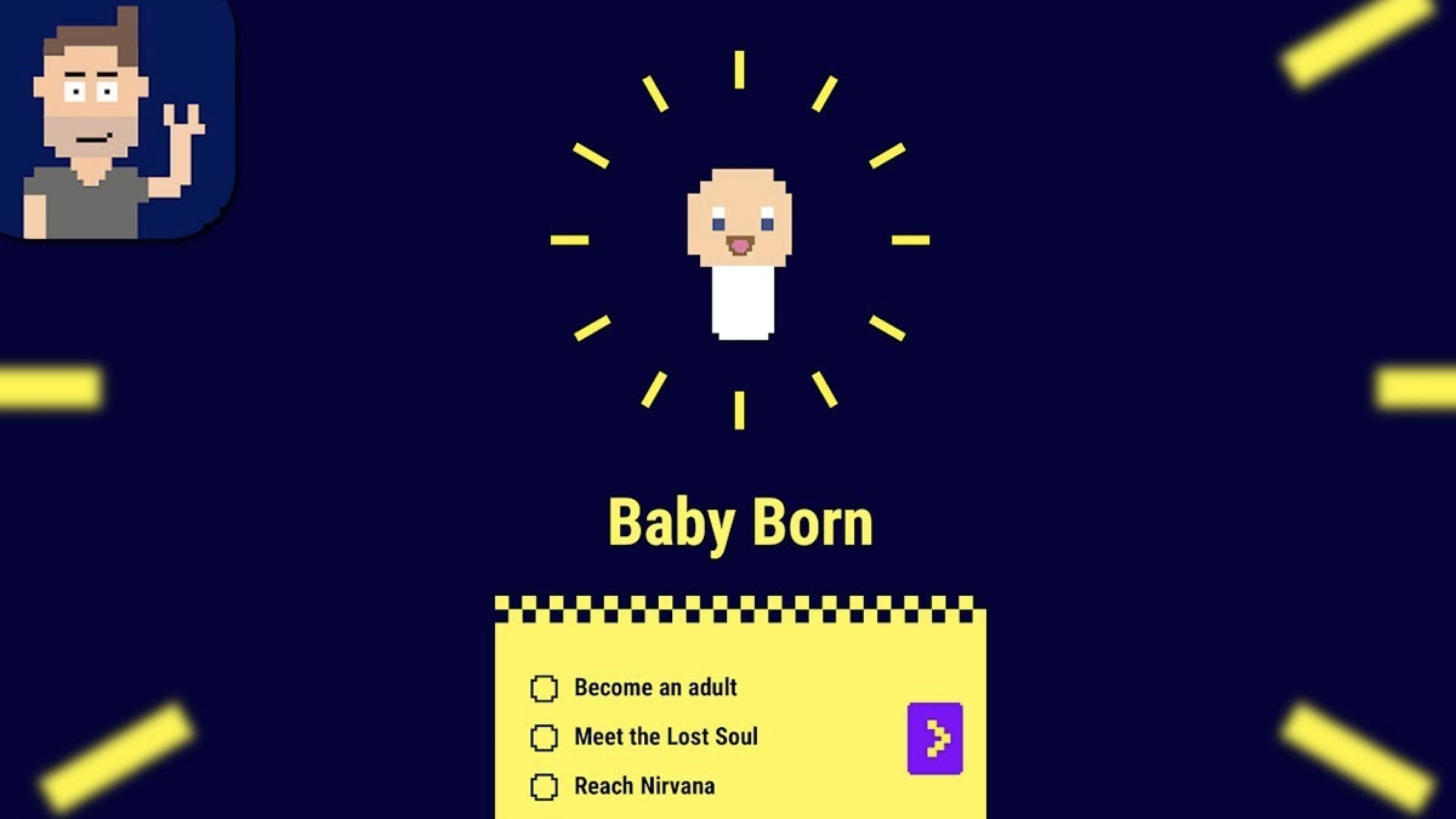 Un minuscolo omino pexel con la barba incolta e un capello marrone pompador guarda come un minuscolo bambino pixel che ricorda una lampadina aleggiata. Il test recita "Baby Born" e sotto c