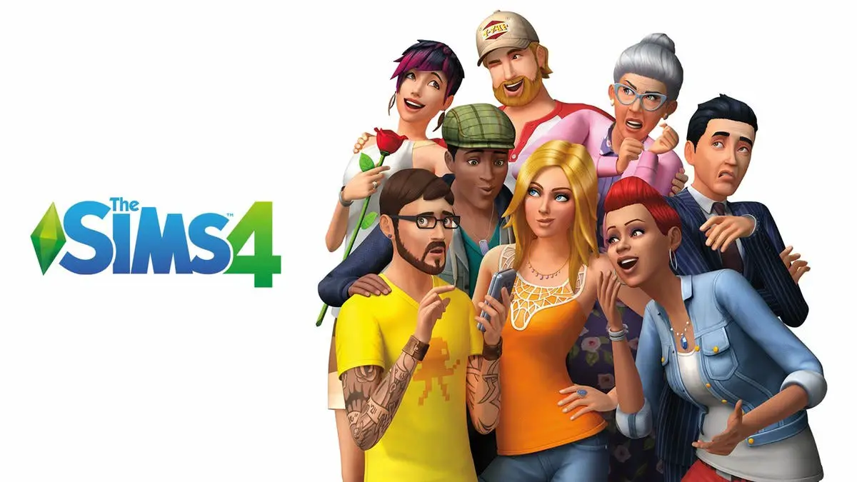 Un gruppo di Sims interagisce sul lato destro dell'immagine, il logo di Sims 4 appare sulla sinistra.