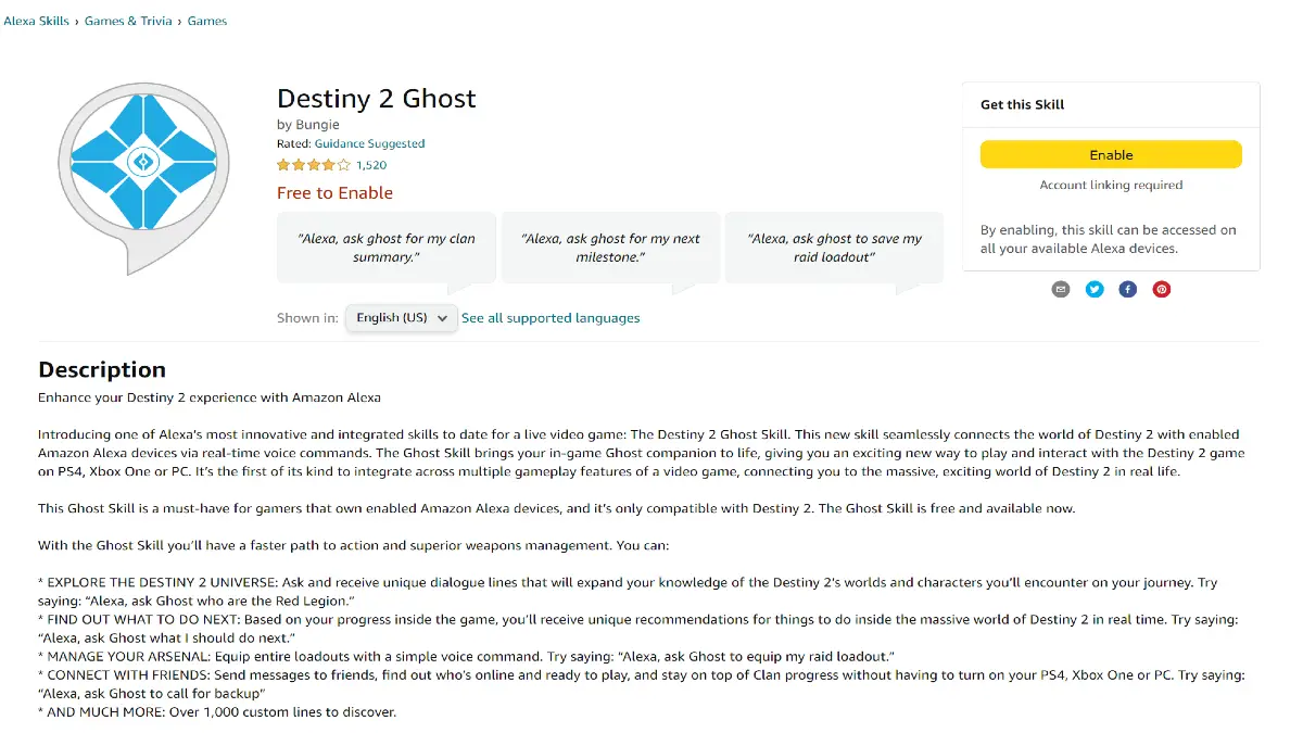 Destiny 2 Ghost Alexa Amazon Abilita pagina e impostazioni