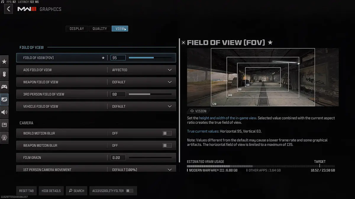 Menu di impostazione FOV di Call of Duty Modern Warfare 3