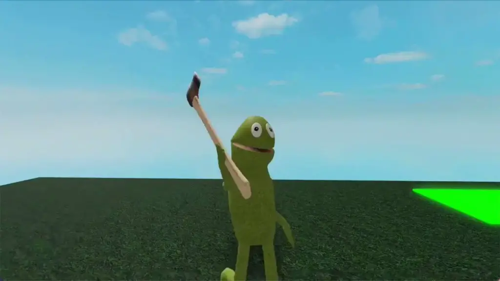 Una rana animata strana ma stranamente carina (immagina un peluche knockoff Kermit the Frog realizzato a buon mercato) corre con un'ascia.