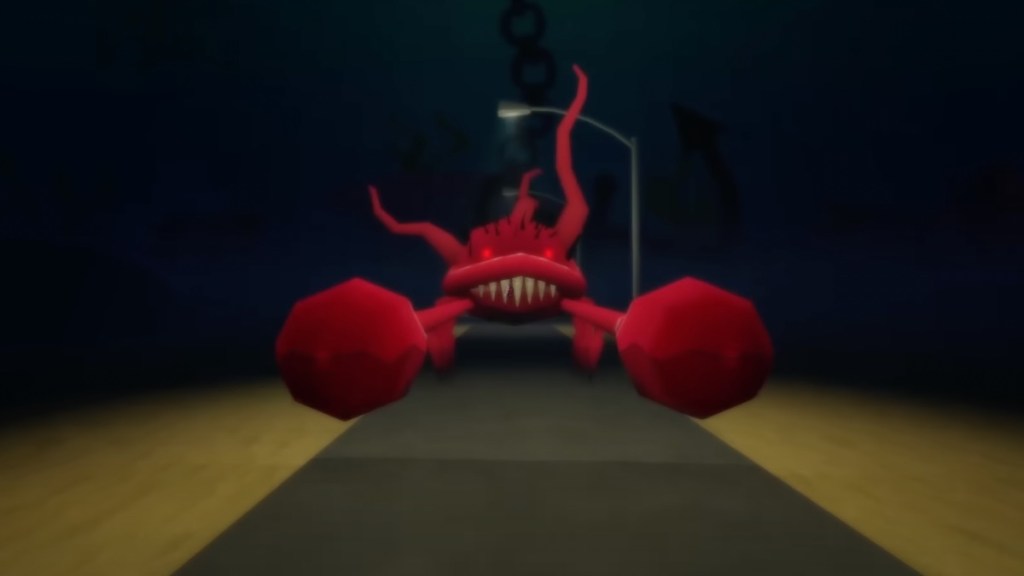Una terrificante creatura granchio rosso si avvicina al giocatore lungo una strada oscura e sinistra.
