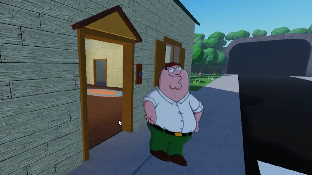 Un Peter bidimensionale di I Griffin si trova in una scena esterna tridimensionale di Roblox.