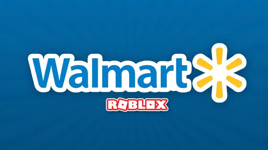 Il testo recita Walmart, seguito dal logo Walmart, con il testo che legge Roblox sotto. Tutto è su uno sfondo blu.