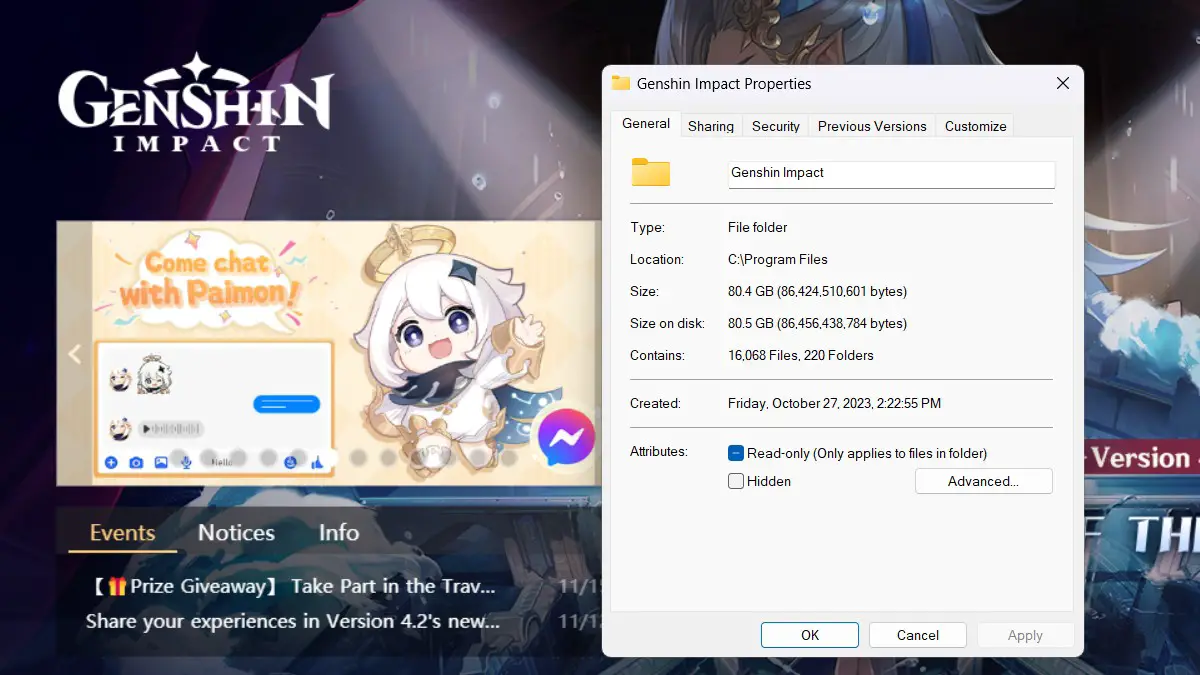 Spazio di archiviazione per PC Genshin Impact