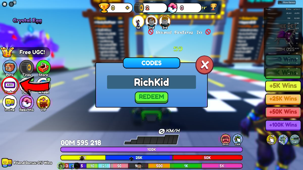 Schermata del codice Roblox di Go Kart Race Clicker