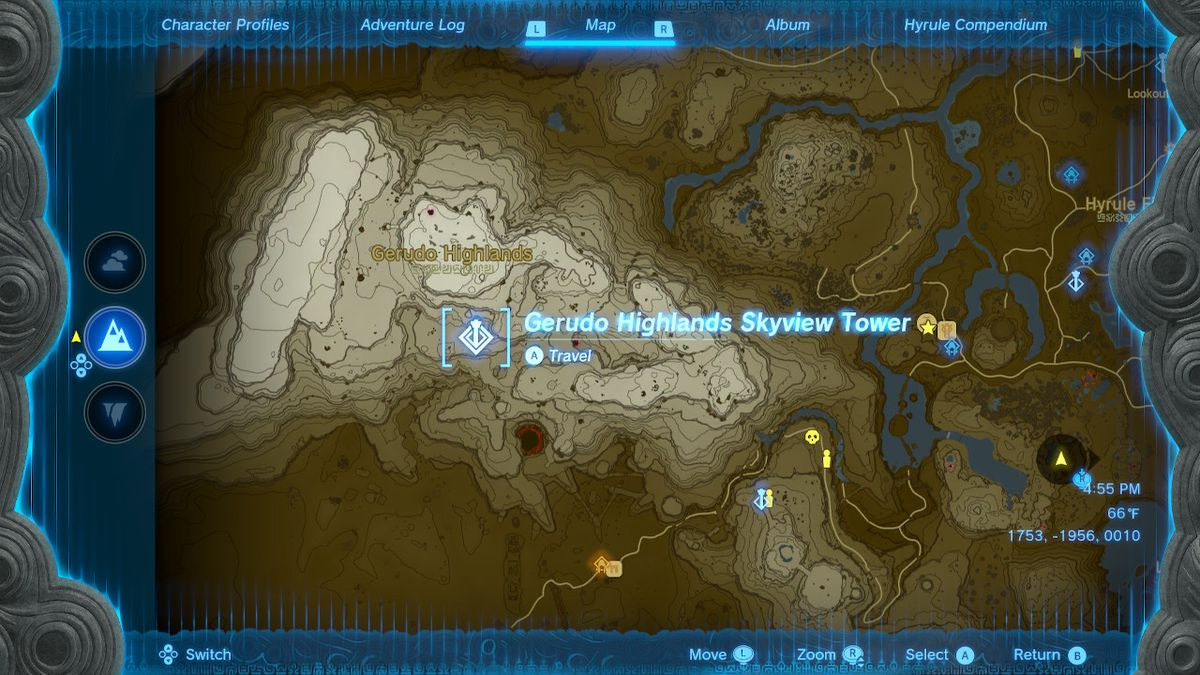 Una mappa di Hyrule, con la Gerudo Highlands Skyview Tower evidenziata.