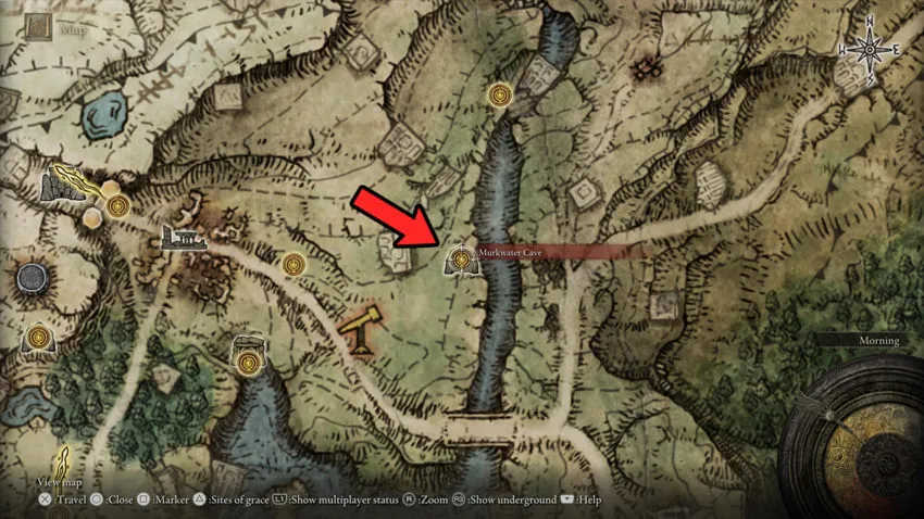 Mappa dell'Elden Ring della Grotta di Acquaoscura con il pugnale da parata